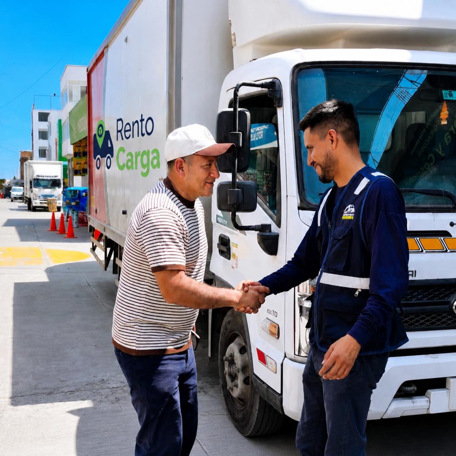 Transportista y cliente se dan la mano junto a un camión Rento Carga