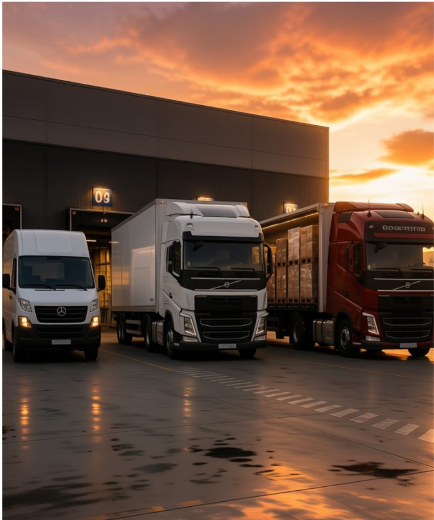 Furgones y tractocamiones estacionados frente a un almacén al atardecer
