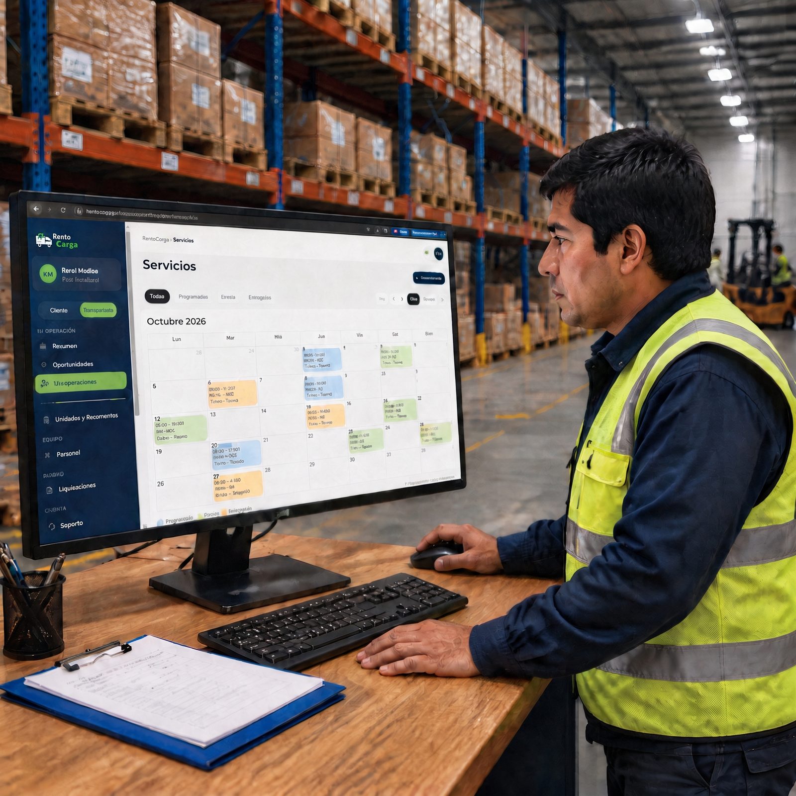 Operador de almacén programando servicios en el calendario de Rento Carga