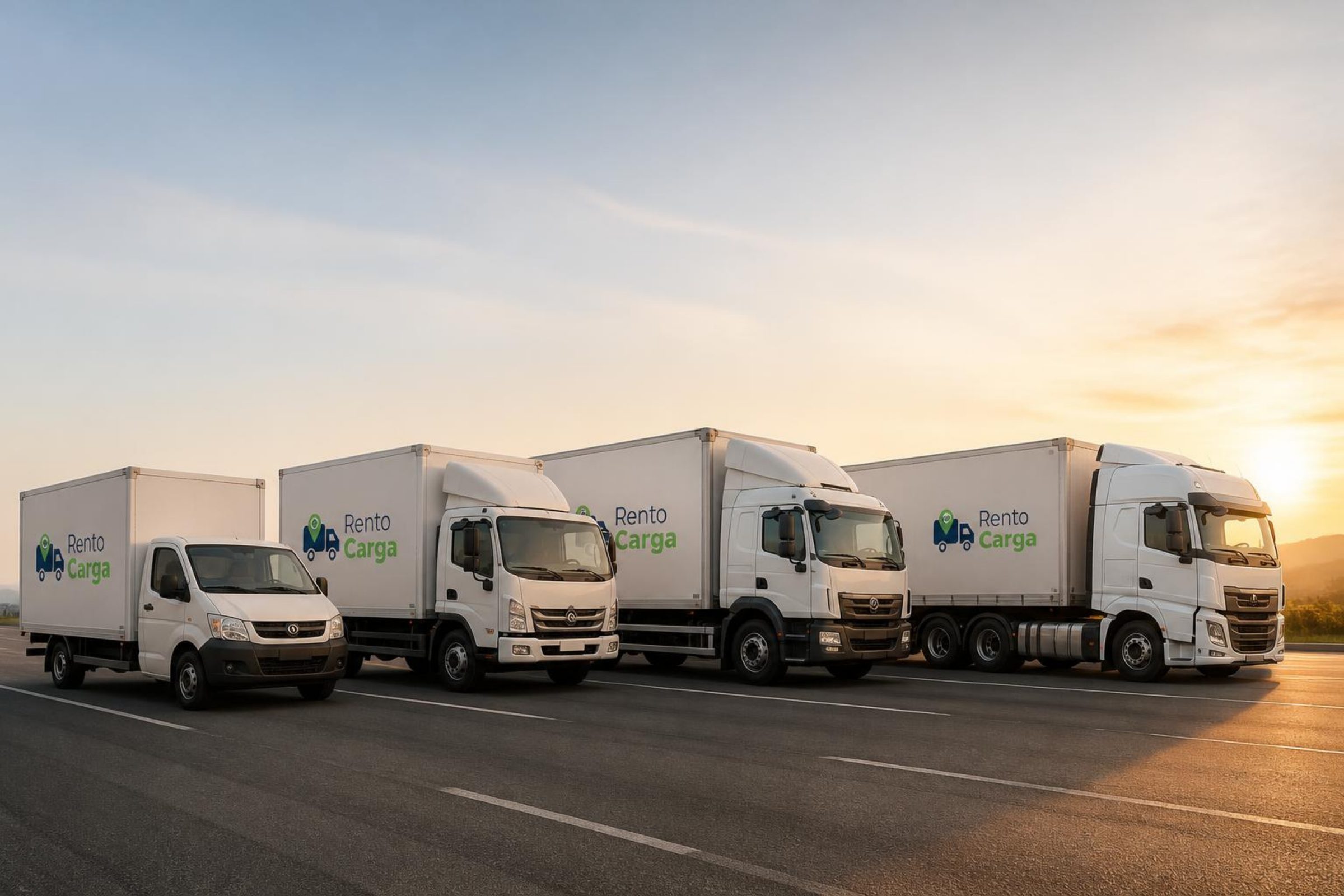 Flota de camiones Rento Carga en carretera al atardecer
